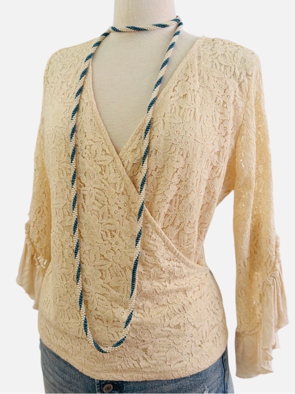 ADIVA- Cream Floral Lace Blouse wraparound